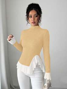 Selianne Camiseta de manga larga con cuello alto y volantes de color contrastante para mujer - Caqui - Ver 5