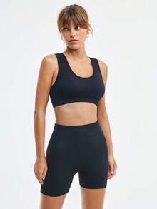 Loungeista 1 Set Women Sports Bra And Panty Sets Casual Solid Color Sports Fitness Fashion Sleeveless Top And Shorts Set Comfortable Sportswear Suitable For Sports Running And Outdoor Daily Wear - Black - View 6