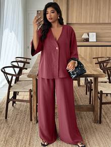 EMERY ROSE Conjunto informal de 2 piezas de camisa de manga 3/4 de un solo botón y pantalones de unicolor para mujer de talla grande - Rojo - Ver 6