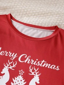 SHEIN 一套圣诞快乐女士睡衣，红色长袖上衣，饰有圣诞树图案，手写体“圣诞快乐”字样，撞色拼接长裤，饰有层叠圣诞树和雪花图案，弹力透气针织面料，可机洗，穿着舒适，易于打理（4套单独出售），冬季服装