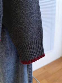 Franclia 休闲宽松圆领长袖针织撞色饰边插肩袖杏色女式套头衫，春秋