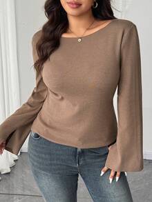 Dazy Plus Plus Size Women Elegant Solid Color Loose Fit Flare Sleeve Crew Neck Split Hem Pullover Sweater, Autumn/Winter - Khaki - View 4