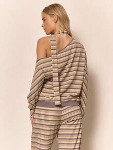 MUSERA Asymmetrical Shoulder Stripe Long Sleeve Slouchy Top With Scarf Cute Cool Girl Cosy Fall Autumn Winter Everyday Clean Girl Casual Butter Yellow Cottage Core Old Money Butterscotch Holidays Party Spring Summer - Multicolor - View 4