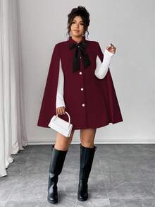 Elenzga 时尚休闲法式复古优雅珍珠纽扣蝴蝶结斗篷毛呢大衣 - 紅色 - 查看 6