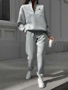 INAWLY 2 piezas Conjunto de chaqueta con cremallera y pantalones con estampado de caballero, informal, para otoño - Gris - Ver 4