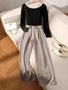 Franclia 女式露肩长袖条纹梭织拼布针织连体裤 - 卡其色 - 查看 2