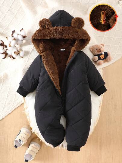 男婴酷炫黑色纯色宽松连帽拉链连体衣，带保暖衬里，适合户外玩耍、休闲穿着、运动和主题派对