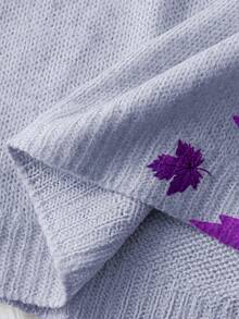 Linhara Suéter casual de talla grande con cuello redondo y mangas raglán con estampado de hojas, para otoño/invierno - Morado - Ver 5