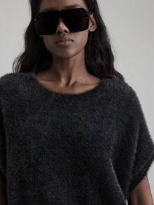 Ontre Women's Charcoal Gray Chic Night Out Fuzzy Black Faux Fur Knit Top,Oversized 2025 Autumn/Winter Apparel,Elegant Wedding Guest,Business Casual,Summer - Black - View 1