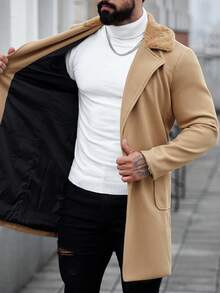 Manfinity CasualCool Men's Solid Color Single Breasted Casual Long Sleeve Overcoat, Fall/Winter, Fall, Winter Fleece Warm Thermal Lined Overcoat - Khaki - View 5
