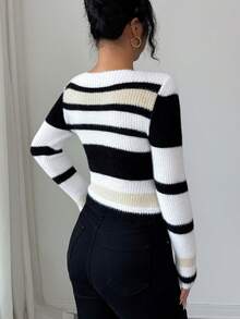 SHEIN Elenzya 优雅多色露肩长袖女士时尚修身针织套头衫，适合通勤，秋冬 - 彩色 - 查看 2