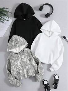 SHEIN 3pcs/Set Tween Girl Loose Casual Grey & Black Leaf Print Soft Comfortable Sweatshirt Set Fall Winter - Multicolor - View 2
