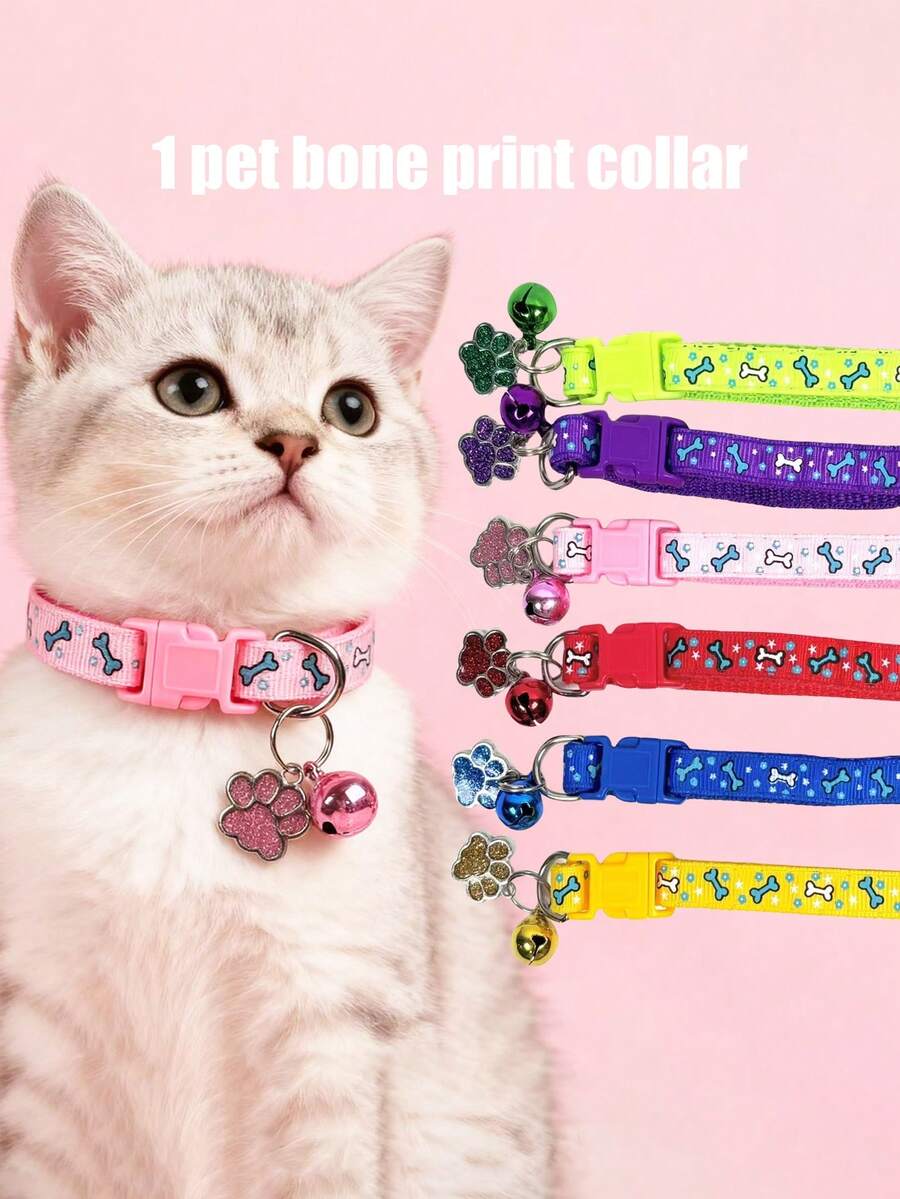 PETSIN 1条宠物骨头图案项圈；猫项圈；狗项圈；可调节颈围宠物吊坠项圈；宠物配件；宠物用品 - 彩色 - 查看 1