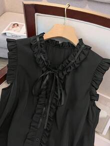 Franclia Damen Bluse in Große Größen mit rundem Ausschnitt, Rüschenkragen, ärmellos, Knopfleiste, elegant, vintage, süß, Lässig, figurbetont - Schwarz - Übersicht 6