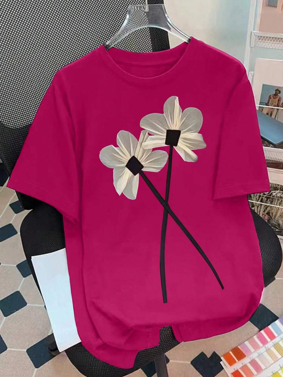 SHEIN LUNE 女士夏季休闲花卉贴片宽松短袖 T 恤图案 T 恤女式上衣 - 玫紅色 - 查看 1
