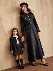 SHEIN 年轻女孩时尚优雅蓝色夹克搭配裙子，珍珠纽扣设计可爱装，秋冬 - 藏蓝色 - 查看 7