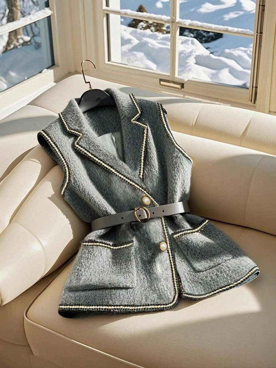 SHEIN Franclia Women's Casual & Commute Gray Tweed Vest, Autumn/Winter - Grey - View 1