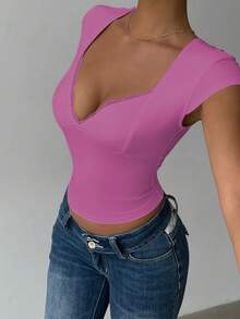 INAWLY Camiseta ajustada y sexy de mujer con cuello de corazón, mangas cortas con encaje y contraste de color - Rosa Fucsia - Ver 6