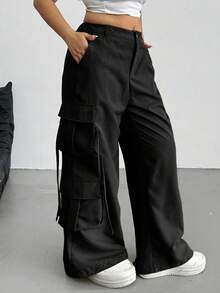 SHEIN Tall CURVE Plus Size Solid Color Casual Pants - Black - View 4
