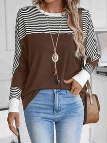 EMERY ROSE T-shirt à manches longues ample en patchwork rayé, automne, grande taille - Marron - Voir 1