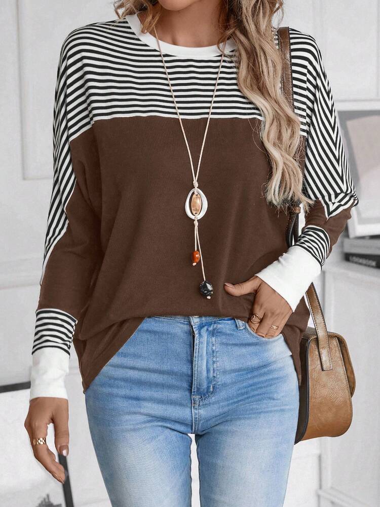 Plus Size Casual Patchwork Striped Batwing Long Sleeve T-Shirt, Autumn