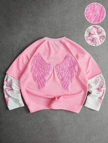 PAVTROS Manfinity Streetrush 男士街头风流行INS风3D立体翅膀刺绣T恤，适合户外音乐节、夜店、男友/老公礼物、周年纪念礼物、图案T恤、哥特风、街头服饰、保暖冬季、圣诞粉色系街头服饰 - 彩色 - 查看 1