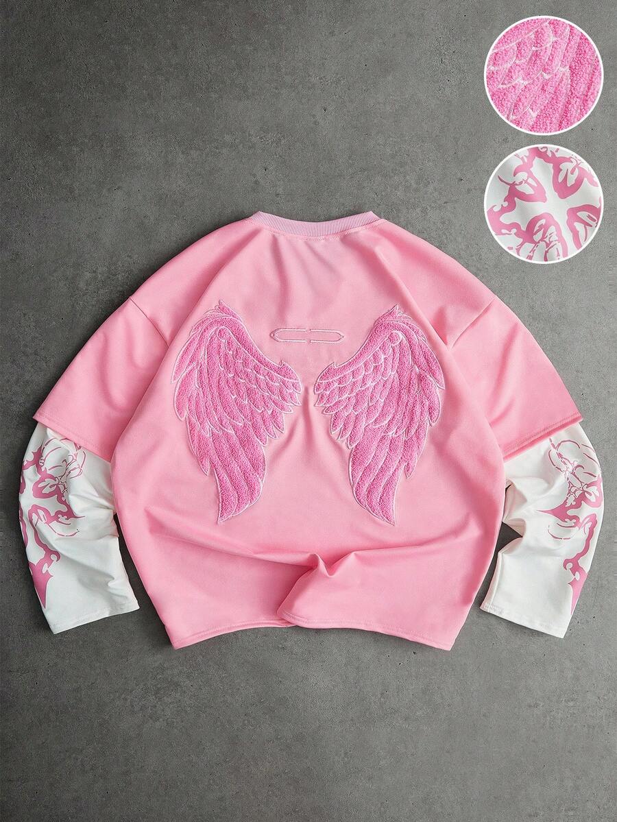 PAVTROS Manfinity Streetrush 男士街头风流行INS风3D立体翅膀刺绣T恤，适合户外音乐节、夜店、男友/老公礼物、周年纪念礼物、图案T恤、哥特风、街头服饰、保暖冬季、圣诞粉色系街头服饰 - 彩色 - 查看 1