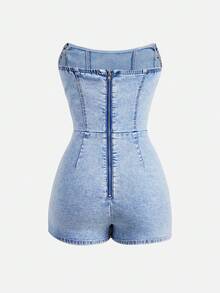 SHEIN EZwear 大码女式不对称下摆牛仔连体裤 - 淺色水洗藍 - 查看 6