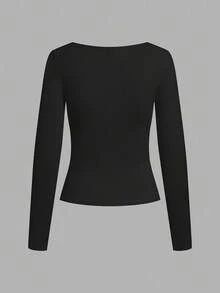 SHEIN EZwear Bộ 2 áo thun dài tay cổ vuông ôm vừa vặn, thích hợp cho mùa thu/đông - màu đen - Xem 4
