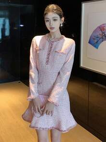 DAZY 女式时尚优雅 Y2K 粗花呢长袖中长连衣裙舞会礼服 - 粉色 - 查看 5