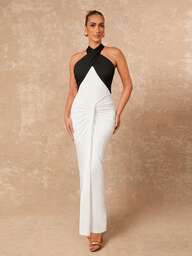 Lumalex Early Spring Winter Fall Ruched Criss-Cross Halter Tie Waist Ruched Flowy Bodycon Dress For Women Luxury NewYearNewLook QuietLuxe Prom Gathering Party Banquet Modest Old Money Coquette Glitter Holiday Party Rave Festival Outing Vacation Hot Outdoor Richly Layered Wedding Season Banquet ID Al-Adha Al-Adha Party New Year Looks Of Party Gala Night Party Dress For Autumn Early Spring