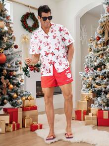 Surfspeed Men's Christmas Cartoon Print Short Sleeve Shirt And Shorts Beach Outfit Set
