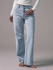 MUSERA 中腰直筒浅蓝色水洗高腰牛仔裤,休闲百搭,适合冬季、夜间外出、返校、办公、约会、经典牛仔风,春夏皆宜。 - 淺藍色 - 查看 4