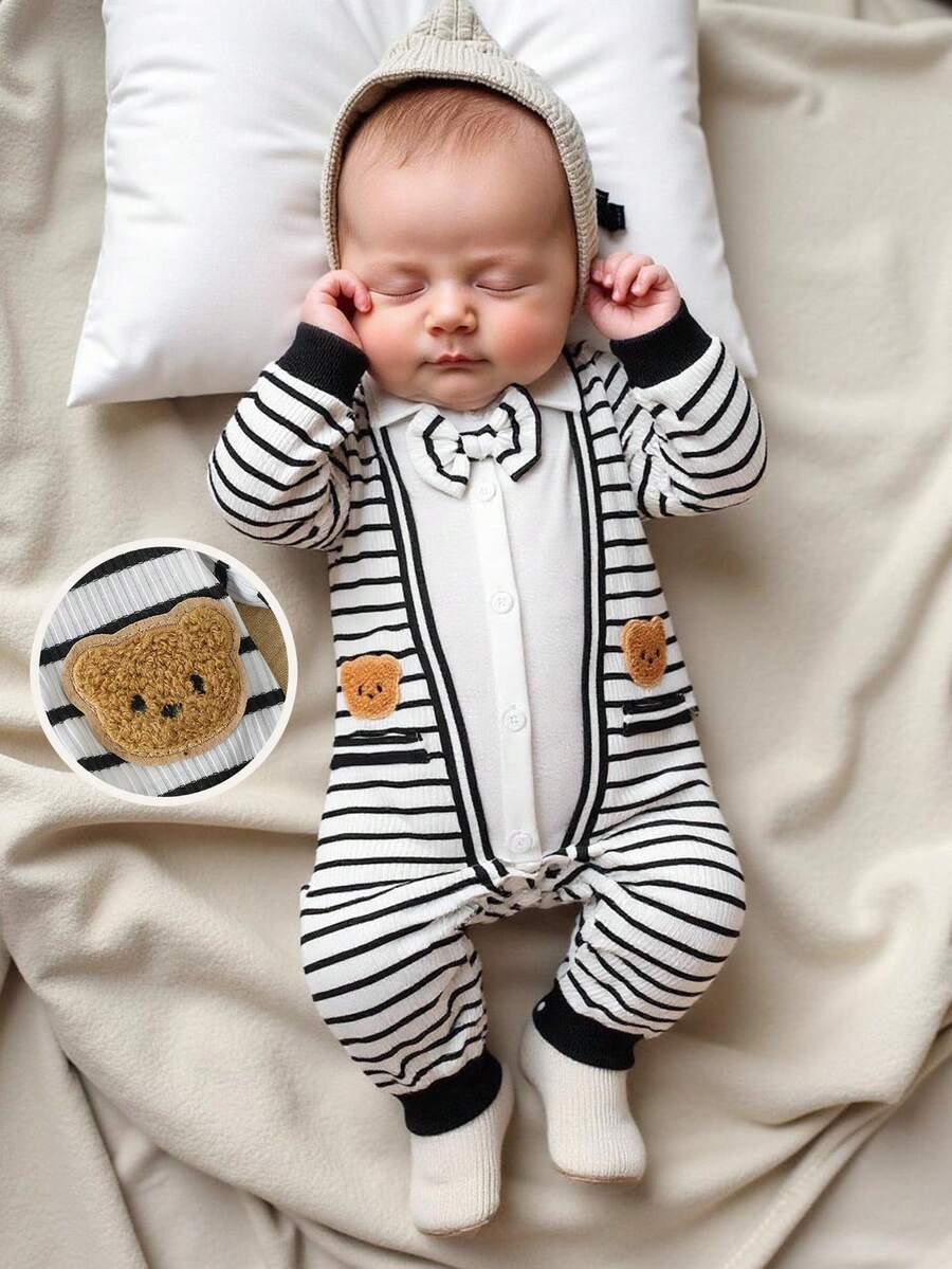 SHEIN Baby Boys Autumn New Arrival Two Pieces Look Jumpsuit, Gentleman Style With Cute Bear Pattern, Suitable For Outings And Gatherings - Black and White - View 1