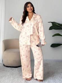 Dazy Plus 2pcs/Set Fashionable Ditsy Floral Loungewear, Elegant Loose Fit Top And Pants, Plus Size Women Spring/Autumn Pajama Set Fall Winter Clothes - Baby Pink - View 5