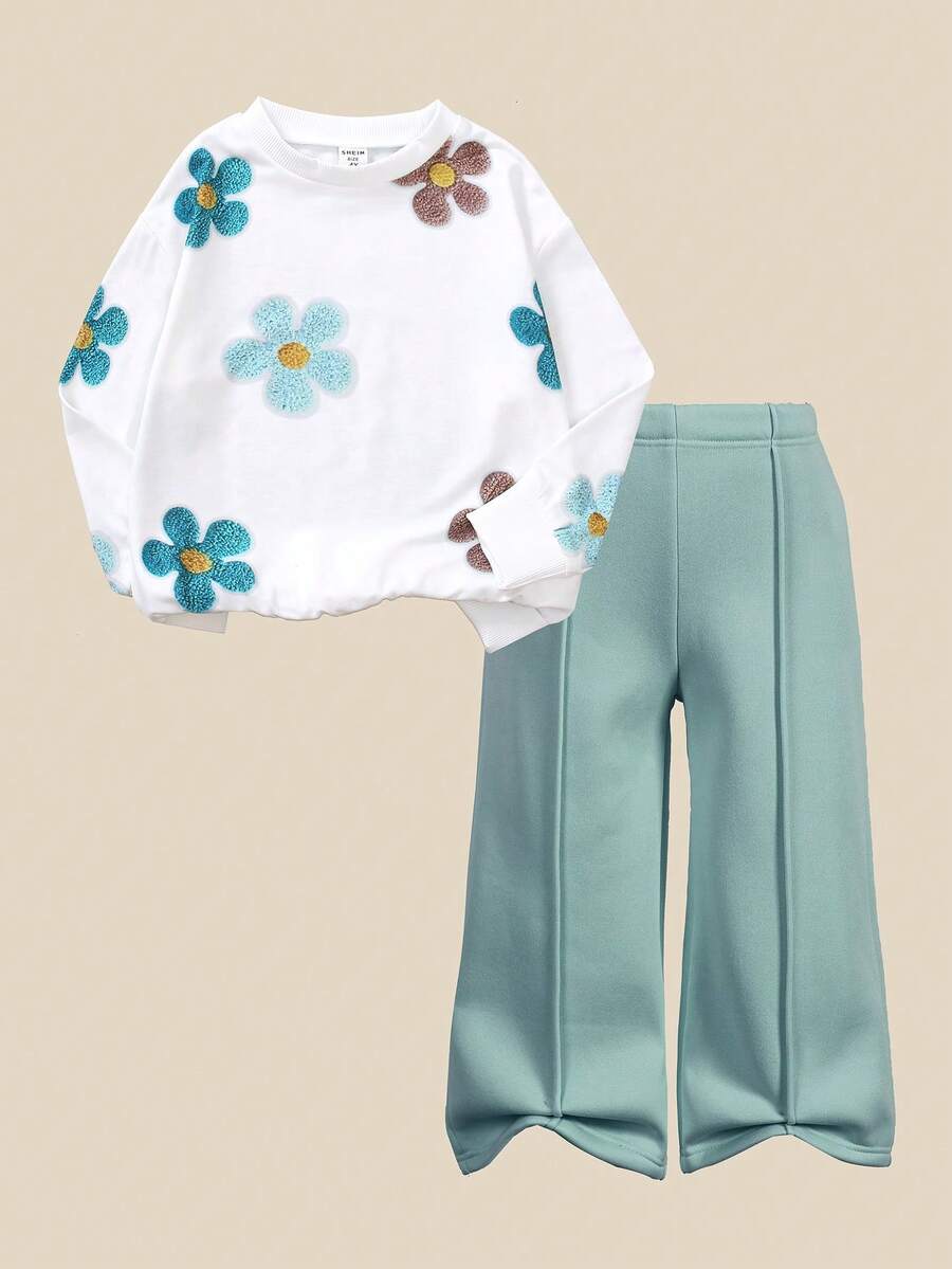 SHEIN Explorewe 2pcs Young Girls Cute Colorful Floral Print Ribbed Cuff & Hem Casual Long Sleeve Sweatshirt, Paired With Green Thermal Lined Pants With Center Stripe Design, Whole Set Versatile Casual Style, Soft & Comfortable Fabric, Suitable For Outings, Streetwear, Christmas Girls Pants And Top Flower Set Summer Outfit Kids Toddler Co Ord Young Girl Outfit Set Flare Pants Set Kids - Multicolor - View 1