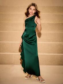 Elegant Fitted One Shoulder Slit Ruffle Hem Dress For Girls, Suitable For Wedding, Prom, Birthday Party, Christmas, Halloween, Back To School, Graduation - Dark Green - View 5