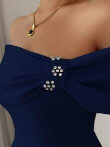 Elenzga Đầm midi xòe tay ngắn hở vai đính đá thời trang dành cho nữ - Màu xanh hải quân - Xem 6