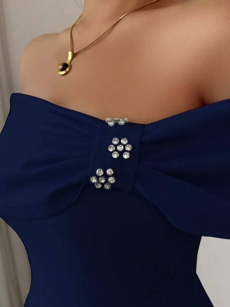 Elenzga Fashionable Off Shoulder Short Sleeve Rhinestone Decor Flared Midi Dress For Women - Navy Blue - View 6