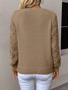 SHEIN Clasi Áo len dệt kim khoét lỗ cổ chữ V màu trơn thường ngày cỡ lớn, thu/đông - Màu Khaki - Xem 2