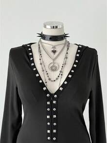 Sunspun Fashionable Punk Rivet Webbing Hooded Long Sleeve Mini Jumpsuit - Black - View 7