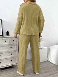 EMERY ROSE Plus Size Black Autumn Casual Curve Loungewear Zip Collar Soft Knit Ribbed Side Contrast Splice Lantern Sleeve T-Shirt&Wide Leg Pants 2-Piece Set - Multicolor - View 2