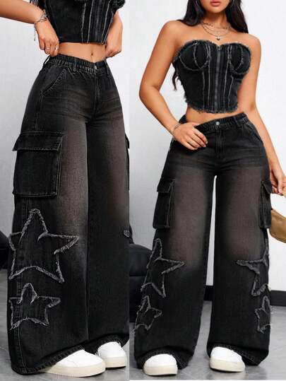 Jeanoix 大码女式工装口袋五角星磨边宽松阔腿牛仔裤