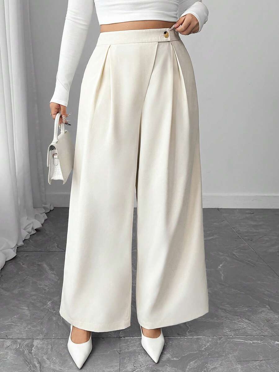 Elenzga Women's Fashionable & Elegant Oblique Placket Design Wide Leg Pants