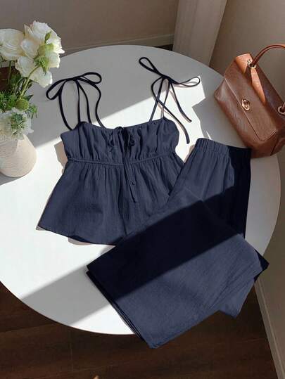 Comfortcana Bộ đồ 2 món màu xanh navy thường ngày cỡ lớn dành cho nữ: Áo hai dây và quần