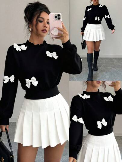 Elenzga Women's Autumn New Fashionable Minimalist Bow Decor Short Sweatshirt