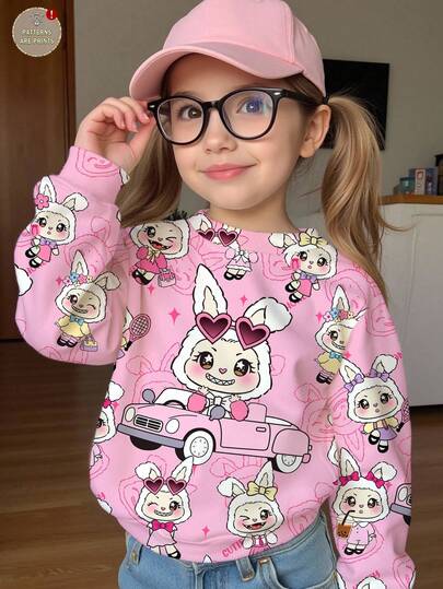 SHEIN Happikins Young Girls' Casual Cute Cartoon Driving Car & Dancing Pattern Loose Fit Crew Neck Comfortable Knit Long Sleeve Sweatshirt, Cream Pink, Suitable For Autumn/Winter Fall