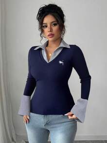 Elenzga Women's Plus Size Elegant Solid Color High Stretch Knit Fabric Contrast Color Splicing Collar Cuff Shirt Collar Split Cuff Design Embroidery Decor Fitted Top, Outdoor Wear, New Autumn/Winter, Versatile Fashion Design, Suitable For Party, Night Out, New Year, Christmas, Long Sleeve T-Shirt - Multicolor - View 5