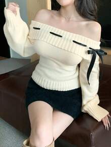 DAZY Áo len dài tay hở vai đính nơ đan chéo dễ thương cho ngày lễ tình nhân mùa xuân dành cho nữ, thu đông - Màu be - Xem 2