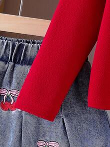 Conjunto de niña joven de blusa de manga larga con cuello y tela texturizada roja + falda de mezclilla plisada bordada, elegante para ir al trabajo - Rojo - Ver 5